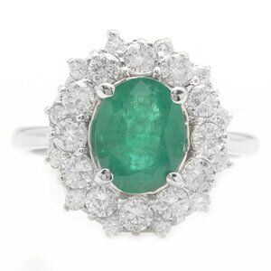 3.25 Carat Natural Emerald and Diamonds in 14K Solid White Gold Ring